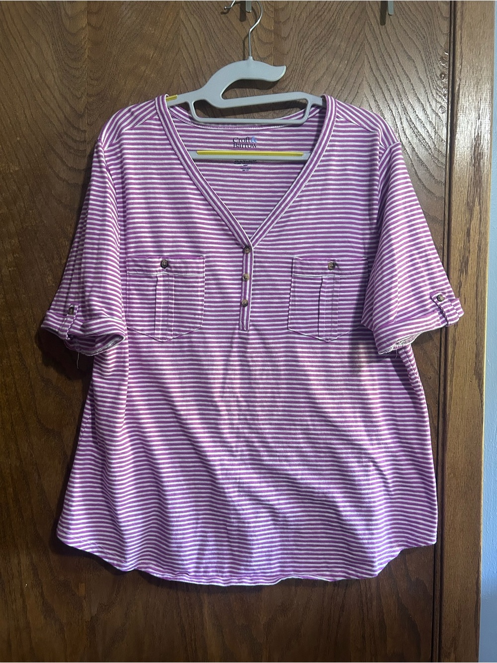 XXL croft & barrow Pink and White Striped V-Neck Henley short sleeve Top